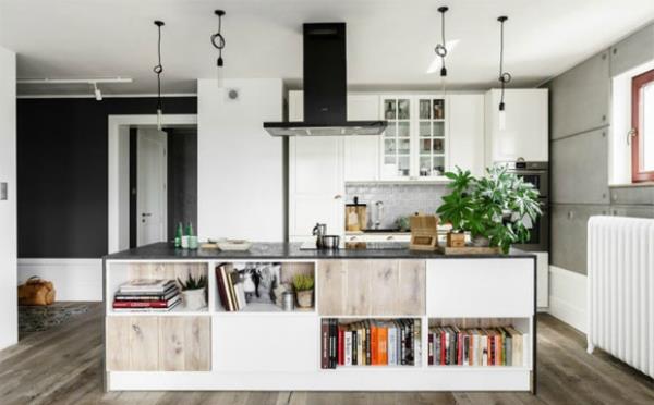南通装饰公司：有个性的北欧风空间，厨房岛台下设计成书柜！