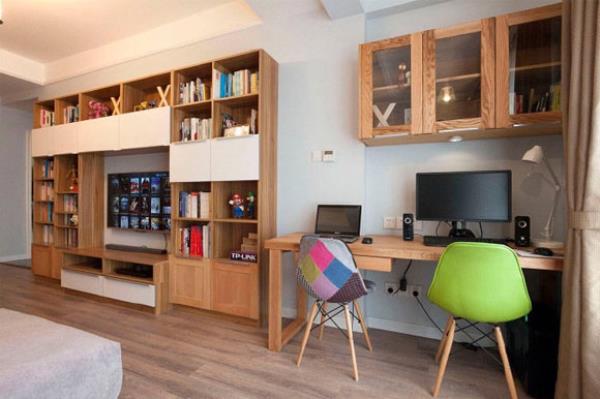 石家庄装饰公司：客厅装满书柜配书桌，北欧+MUJI设计的两房！