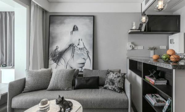 南京装修公司：灰色调的现代风格空间，客厅装吧台！